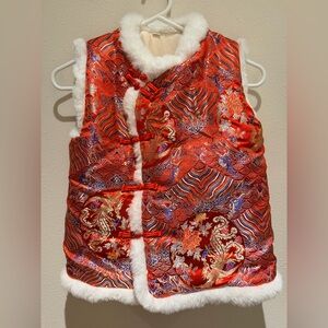 Red and Gold Brocade Vest with Fur Trim